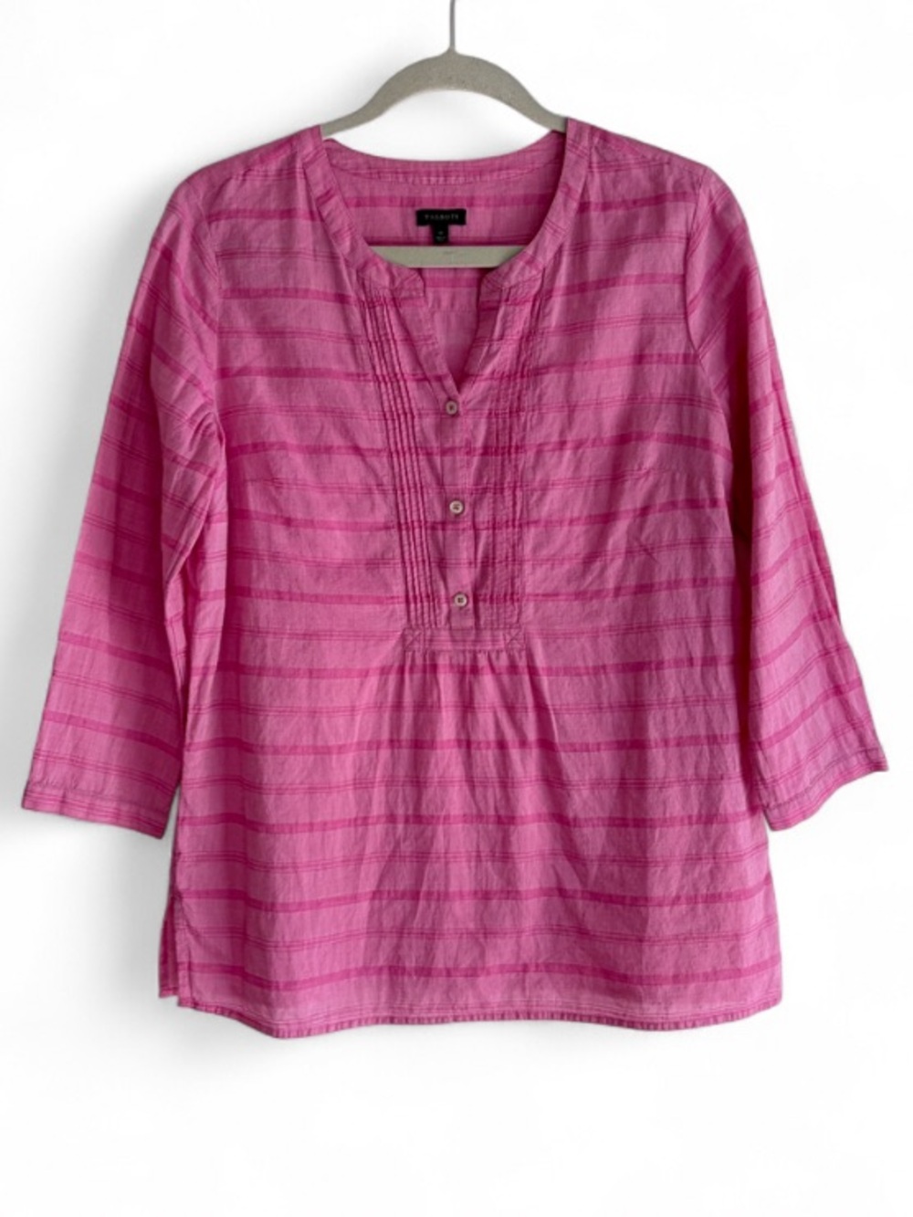 Talbots 100% Cotton Pink Stripe 3/4 Sleeve Tunic Blouse Size M